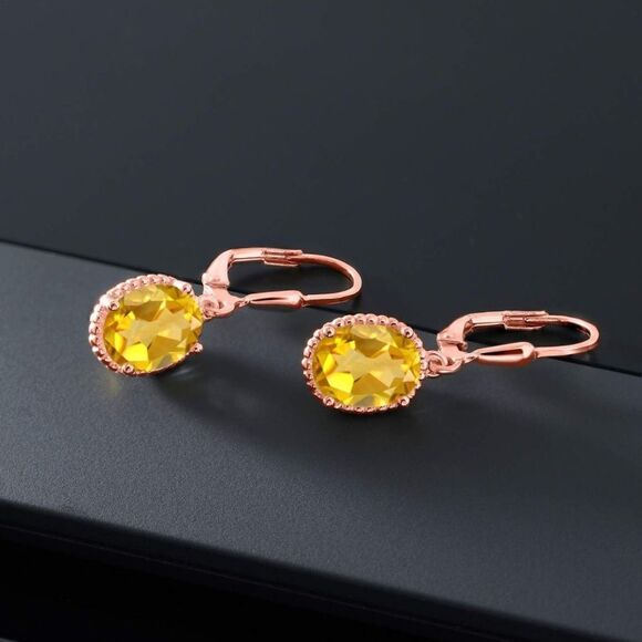 18K Rose Gold 925 with 3.00 Cttw Yellow Citrine Oval Leverback Hook Earrings - Picture 2 of 4